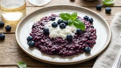 Risotto med blåbär och stracciatella – en krämig variant som är värd att prova