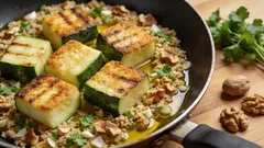 Gyllenstekt zucchini med valnöt- och vitlöksdressing – klar på 20 minuter
