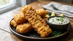 Krispiga fiskpinnar utan ägg eller mjölk: hemligheten bakom en lätt smet med soda