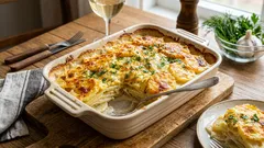 Bakade potatisar i gräddsås med gyllene skorpa: steg-för-steg-recept