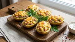 Fylld ugnsbakad potatis med ost, skinka och saltgurka – krämig vardagsmiddag